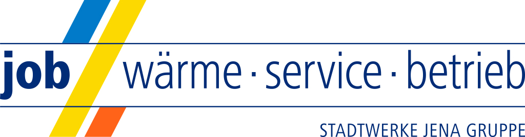 Das Logo der job. Darauf der dunkelblaue Schriftzug: job. Wärme, Service, Betrieb. Unten rechts die Worte: Stadtwerke Jena Gruppe. Über das Bild verlaufen drei Streifen in blau, gelb, orange.